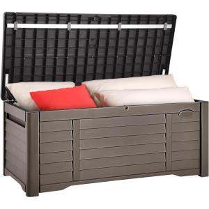 imageYITAHOME 120 Gallon Large Outdoor Storage Deck Box Waterproof Cushion Storage Bench with Lockable Lid for Patio Pool Supplies Garden Tools Resin Black ampamp BrownDark Brown