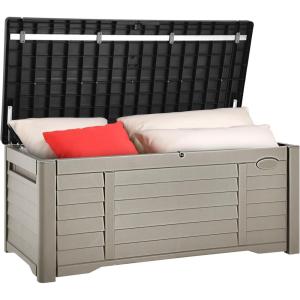 imageYITAHOME 120 Gallon Large Outdoor Storage Deck Box Waterproof Cushion Storage Bench with Lockable Lid for Patio Pool Supplies Garden Tools Resin Black ampamp BrownBlack  Brown