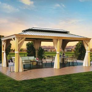 imageYITAHOME 12x20ft Gazebo Hardtop Wood Grain Heavy Duty with Nettings and Curtains Double Roof Galvanized Steel Outdoor Combined of Vertical Stripes Roof for Patio Backyard Deck Lawns BrownBrown