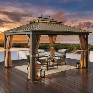 imageYITAHOME 12x20ft Hardtop Gazebo with Nettings and Curtains Heavy Duty Double Roof Galvanized Steel Outdoor Combined of Vertical Stripes Roof for Patio Backyard Deck Lawns GrayBronze