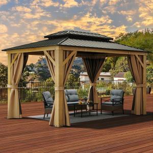 imageYITAHOME 12x20ft Hardtop Gazebo with Nettings and Curtains Wood Grain Heavy Duty Double Roof Galvanized Steel Outdoor Combined of Vertical Stripes Roof for Patio Backyard Deck Lawns BrownWood Grain