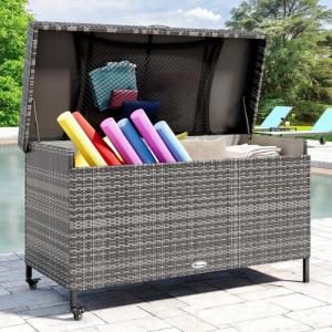 imageYITAHOME 200 Gallon Large Wicker Deck Box wStorage Net Rattan XL Outdoor Storage Box Patio Cushion Storage Waterproof Storage Box for Patio Furniture Garden Tools Pool Sports Equipment GreyGrey