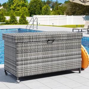 imageYITAHOME 230 Gallon Deck Box XXL Wicker Outdoor Storage Box AllWeather Storage Organizer for Patio Furniture Outdoor Cushions Pool Storage and Garden Tools GreyGrey