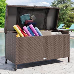 imageYITAHOME 230 Gallon Deck Box XXL Wicker Outdoor Storage Box AllWeather Storage Organizer for Patio Furniture Outdoor Cushions Pool Storage and Garden Tools GreyBrown