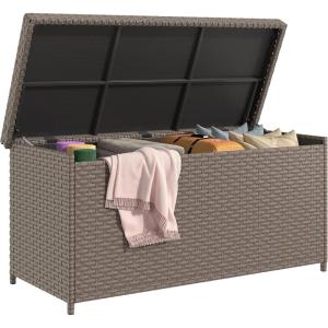 imageYITAHOME 230 Gallon XXL Deck Box AllWeather Wicker Outdoor Storage Box PE Rattan Storage Bin for Patio Furniture Outdoor Cushions Pool Storage and Garden Tools  GreyBrown