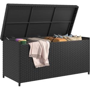 imageYITAHOME 230 Gallon XXL Deck Box AllWeather Wicker Outdoor Storage Box PE Rattan Storage Bin for Patio Furniture Outdoor Cushions Pool Storage and Garden Tools  GreyBlack