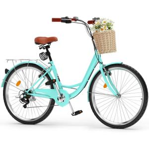 imageYITAHOME 24 ampamp 26 Inch Beach Cruiser Bike for Women 1 ampamp 7 Speed Commute Bike for Adults Womens Bicycle with Adjustable Seat Multiple ColorMint Green