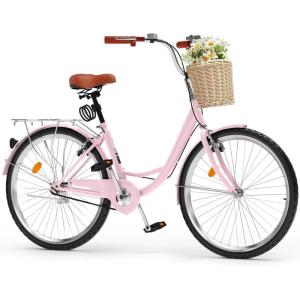 imageYITAHOME 24 ampamp 26 Inch Beach Cruiser Bike for Women 1 ampamp 7 Speed Commute Bike for Adults Womens Bicycle with Adjustable Seat Multiple ColorPink
