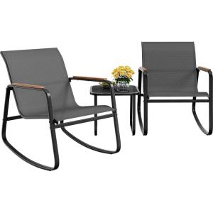 imageYITAHOME 3 Piece Rocking Bistro Set Outdoor Patio Furniture Set with Wooden Armrests Porch Chairs Set with Glass Table for Lawn Garden Balcony Poolside Dark Gray