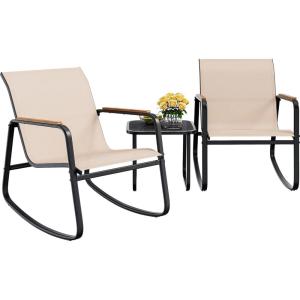 imageYITAHOME 3 Piece Rocking Bistro Set Outdoor Patio Furniture Set with Wooden Armrests Porch Chairs Set with Glass Table for Lawn Garden Balcony Poolside Beige