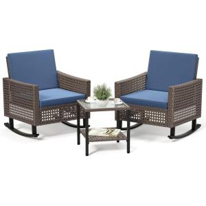 imageYITAHOME 3 Pieces Patio Wicker Rocking Chair Set Outdoor Patio Furniture Set with Rattan Side Table Thickened Cushions Rocker Patio Chairs Set for Porch Poolside and Yard BlueBlue