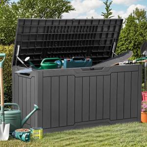 imageYITAHOME 31 Gallon Outdoor Storage Deck Box Waterproof Resin Package Delivery and Storage Box with Lockable Lid for Patio Furniture Cushions Pool Accessories Garden Tools BlackDark Gray