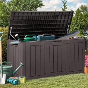 imageYITAHOME 31 Gallon Outdoor Storage Deck Box Waterproof Resin Package Delivery and Storage Box with Lockable Lid for Patio Furniture Cushions Pool Accessories Garden Tools BlackDark Brown
