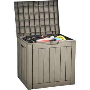 imageYITAHOME 31 Gallon Outdoor Storage Deck Box Waterproof Resin Package Delivery and Storage Box with Lockable Lid for Patio Furniture Cushions Pool Accessories Garden Tools BlackTaupe