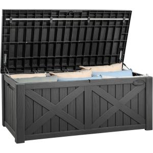 imageYITAHOME 31 Gallon Resin Deck Box Outdoor Storage Box and Waterproof Package Delivery Box with Lockable Lid for Patio Furniture GardenTools Pool Supplies BlackDark Gray