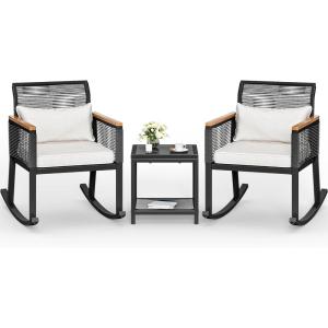 imageYITAHOME 3Piece Patio Wicker Rocking Chair Outdoor Conversation Bistro Set with Wood Armrest and Soft Cushions for Balcony Lawn and Porch Poolside BlackBlack
