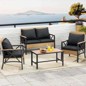 imageYITAHOME 4 Pieces Patio Furniture Set Outdoor Wicker Patio Conversation Set with Metal Table and Soft Cushions AllWeather Rattan Bistro Set with Loveseat Light Brown  GrayLight Brownblack