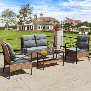 imageYITAHOME 4 Pieces Patio Furniture Set Outdoor Wicker Patio Conversation Set with Metal Table and Soft Cushions AllWeather Rattan Bistro Set with Loveseat Light Brown  GrayLight Browngray