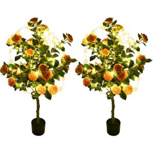 imageYITAHOME 492quot Artificial Camellia Tree 2 Pack Flower Plants Artificial Tree Faux Floral Plant Blooming Tree in Cement Pot Greenery Potted Plant for Indoor Outdoor Office Home Porch Decor Orange