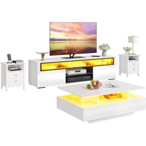 imageYITAHOME 4Piece Modern Living Room Table Sets Includes High Glossy White Coffee Table TV Stand and 2Pcs Nightstand LED Coffee Table with Ample Storage Drawers for Living Room White