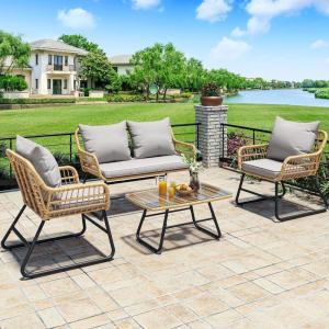 imageYITAHOME 4Piece Patio Furniture Wicker Outdoor Bistro Set AllWeather Rattan Conversation Loveseat Chairs for Backyard Balcony and Deck with Soft Cushions and Metal Table Light GreyBeige