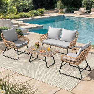 imageYITAHOME 4Piece Patio Furniture Wicker Outdoor Bistro Set AllWeather Rattan Conversation Loveseat Chairs for Backyard Balcony and Deck with Soft Cushions and Metal Table Navy BlueLight Grey