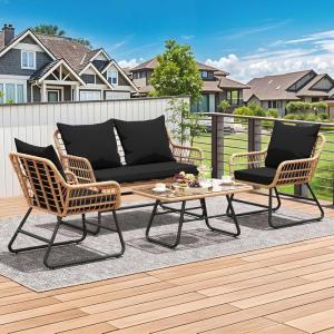 imageYITAHOME 4Piece Patio Furniture Wicker Outdoor Bistro Set AllWeather Rattan Conversation Loveseat Chairs for Backyard Balcony and Deck with Soft Cushions and Metal Table Navy BlueLight Brownblack