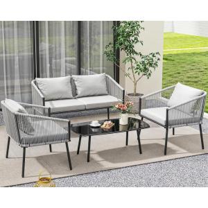 imageYITAHOME 4Piece Patio Furniture Wicker Outdoor Bistro Set AllWeather Rattan Conversation Loveseat Chairs for Backyard Balcony and Deck with Soft Cushions and Metal Table Navy BlueGrey