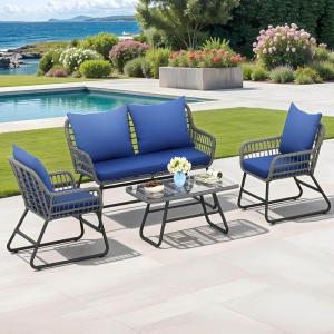 imageYITAHOME 4Piece Patio Furniture Wicker Outdoor Bistro Set AllWeather Rattan Conversation Loveseat Chairs for Backyard Balcony and Deck with Soft Cushions and Metal Table Navy BlueNavy Blue