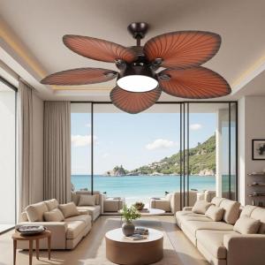 imageYITAHOME 52 inch Ceiling Fans with Lights Tropical Ceiling Fans with Lights and Remote TriColor LED Reversible 6Speed wQuiet DC Motor Timing Functions for Living Room Dining Room BedroomCoffee Brown