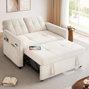 imageYITAHOME 55quot Convertible Sofa Bed 3in1 Sleeper Sofa with PullOut Bed CatScratchProof Futon Couch with 5Levels Reclining Backrest USB and Side Pocket Modern Loveseat for Living Room BeigeLight Beige Usb