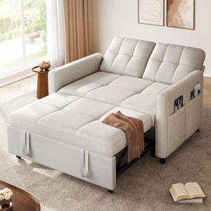 imageYITAHOME 55quot Convertible Sofa Bed 3in1 Sleeper Sofa with PullOut Bed CatScratchProof Futon Couch with 5Levels Reclining Backrest USB and Side Pocket Modern Loveseat for Living Room BeigeBeige