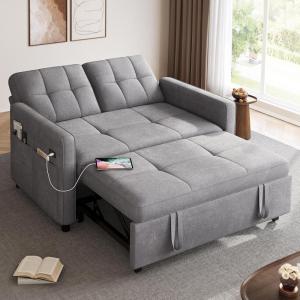 imageYITAHOME 55quot Convertible Sofa Bed 3in1 Sleeper Sofa with PullOut Bed CatScratchProof Futon Couch with 5Levels Reclining Backrest USB and Side Pocket Modern Loveseat for Living Room BeigeLight Grey Usb