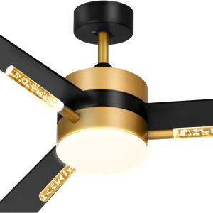 imageYITAHOME 60 Inch Ceiling Fan with Light and Remote Control Crystal Rod Chandelier Design Reversible Quiet Motor White Gold Finish 3 Color LED Options Memory FunctionBlack Gold