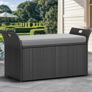 imageYITAHOME 90 Gallon Outdoor Wicker Storage Bench wCushion Large PE Rattan Deck Storage Box wHandles ampamp Hydraulics for Patio Furniture Cushions Garden Tools Pool ampamp Sports Equipment BlackampampBeigeBlackgrey
