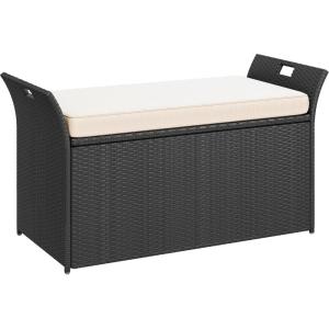 imageYITAHOME 90 Gallon Outdoor Wicker Storage Bench wCushion Large PE Rattan Deck Storage Box wHandles ampamp Hydraulics for Patio Furniture Cushions Garden Tools Pool ampamp Sports Equipment BlackampampBeigeBlackbeige