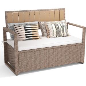 imageYITAHOME 90 Gallon Outdoor Wicker Storage Bench wCushion Large PE Rattan Deck Storage Box wHandles ampamp Hydraulics for Patio Furniture Cushions Garden Tools Pool ampamp Sports Equipment BlackampampBeigeBeige