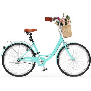 imageYITAHOME Beach Cruiser Bike for Women 24 ampamp 26 inch Commute Bike for Adults 1 ampamp 7 Speed Womens Bicycle with Basket Adjustable Seat Multiple Colorgreen