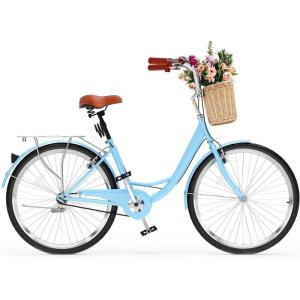 imageYITAHOME Beach Cruiser Bike for Women 24 ampamp 26 inch Commute Bike for Adults 1 ampamp 7 Speed Womens Bicycle with Basket Adjustable Seat Multiple Colorblue