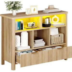 imageYITAHOME Bookcase with Drawers Fluted Wood Cubby Storage Organizer Shelf Cube Bookshelf with Adjustable LED Lighting Modern Horizontal Bookshelf for Living Room Office Entryway OakOak