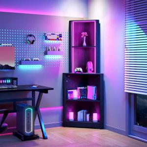 imageYITAHOME Corner Shelf Stand with Led Light 5 Tier Corner Bookshelf and Bookcase Wooden Open Corner Cabinet Display Storage Rack for BedroomLiving Room Dining Room Home Office Kitchen BlackBlack