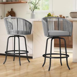 imageYITAHOME Counter Height Bar Stools Set of 2 Outdoor Bar Stools with Soft Cushions Patio Rattan Swivel Bar Chairs for Backyard Poolside Garden w 360 Rotation BeigeGrey