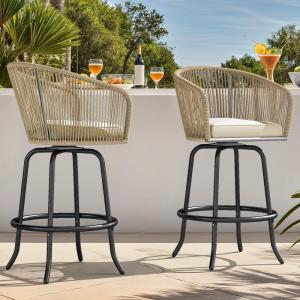 imageYITAHOME Counter Height Bar Stools Set of 2 Outdoor Bar Stools with Soft Cushions Patio Rattan Swivel Bar Chairs for Backyard Poolside Garden w 360 Rotation BeigeBeige