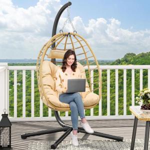 imageYITAHOME Egg Chair Swing Hanging Outdoor Wicker Hammock Chairs Indoor with Steel Stand Durable Cushion 330lbs for Patio Bedroom Garden and Balcony  GrayBeige