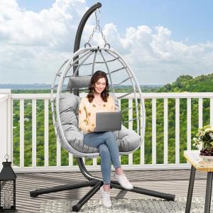 imageYITAHOME Egg Chair Swing Hanging Outdoor Wicker Hammock Chairs Indoor with Steel Stand Durable Cushion 330lbs for Patio Bedroom Garden and Balcony  GrayGrey Circular Rope