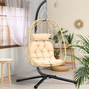 imageYITAHOME Egg Chair Swing Hanging Outdoor Wicker Hammock Chairs Indoor with Steel Stand Durable Cushion 330lbs for Patio Bedroom Garden and Balcony  GrayBeige Circular Rope