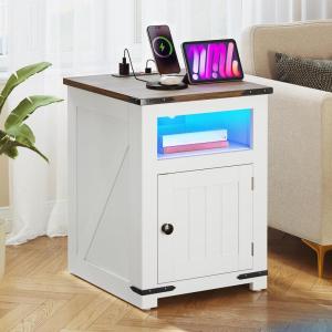 imageYITAHOME End Table with Charging Station 20quot Nightstand wGroove Barn Door Rustic Wood Bedside Table Side Table with Storage Open ampamp Adjustable Shelf for Bedroom Living Room WhiteWhite