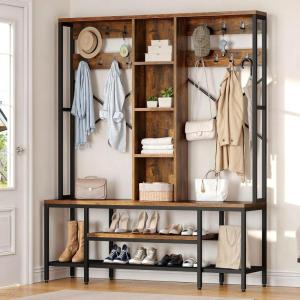 imageYITAHOME Entryway Bench with Coat Rack 5in1 Hall Tree with Shoes Storage Industrial Freestanding Coat Rack Shoe Bench with Storage Shelves 10 Hooks for Hallway Bedroom Rustic BrownRustic Brown