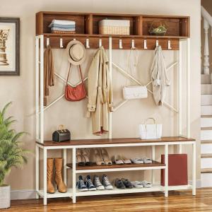 imageYITAHOME Entryway Bench with Coat Rack 5in1 Hall Tree with Shoes Storage Industrial Freestanding Coat Rack Shoe Bench with Storage Shelves 10 Hooks for Hallway Living Room WalnutWhite
