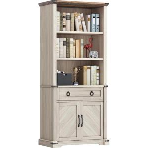 imageYITAHOME Farmhouse Bookcase with Doors and Drawers 70quot Tall Bookshelf with Storage Shelves Standing Display Shelf Organizer Rack for Home Office Living Room WhiteWalnutRattan
